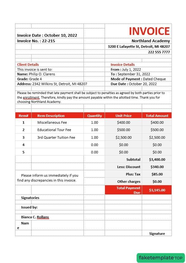 Feature of fake School Fees invoice example